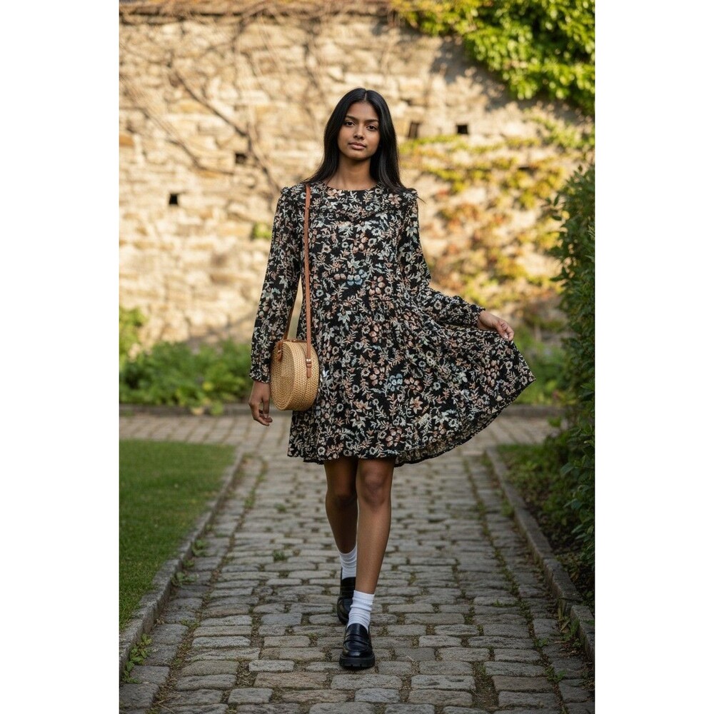 H&M Black Floral Long Sleeve Dress Sz 8 M Flowy Y2K Cottagecore Boho